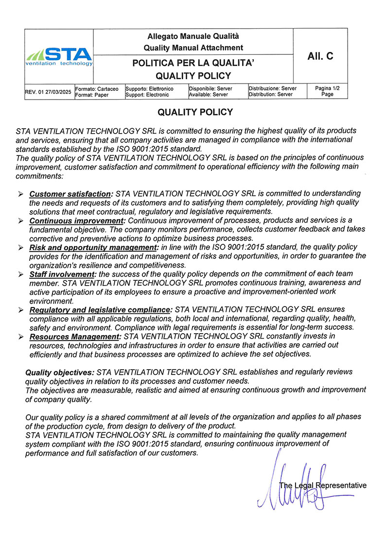 Quality Policy STA Ventilation Technology